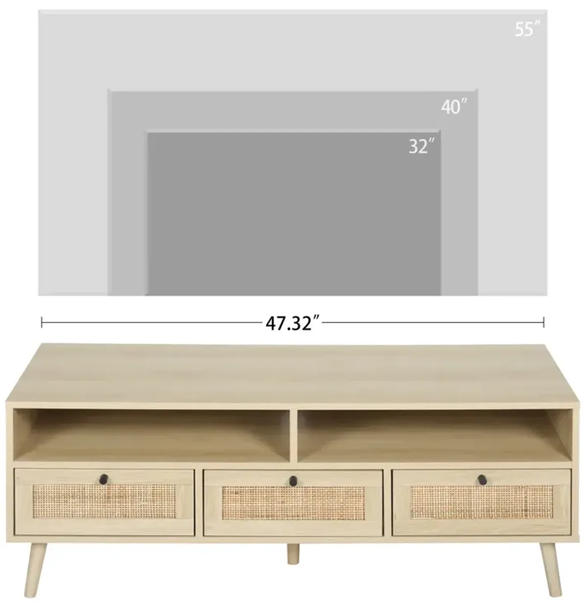 Rattan TV Stand With Solid Wood Feet, TV Console Table For Living Room, Natural