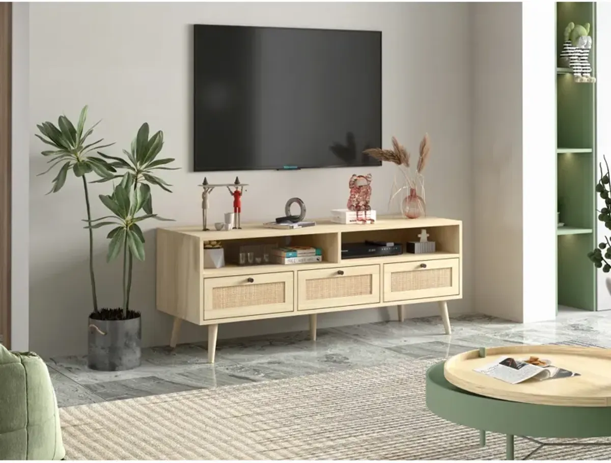 Rattan TV Stand With Solid Wood Feet, TV Console Table For Living Room, Natural