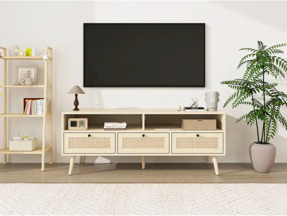 Rattan TV Stand With Solid Wood Feet, TV Console Table For Living Room, Natural