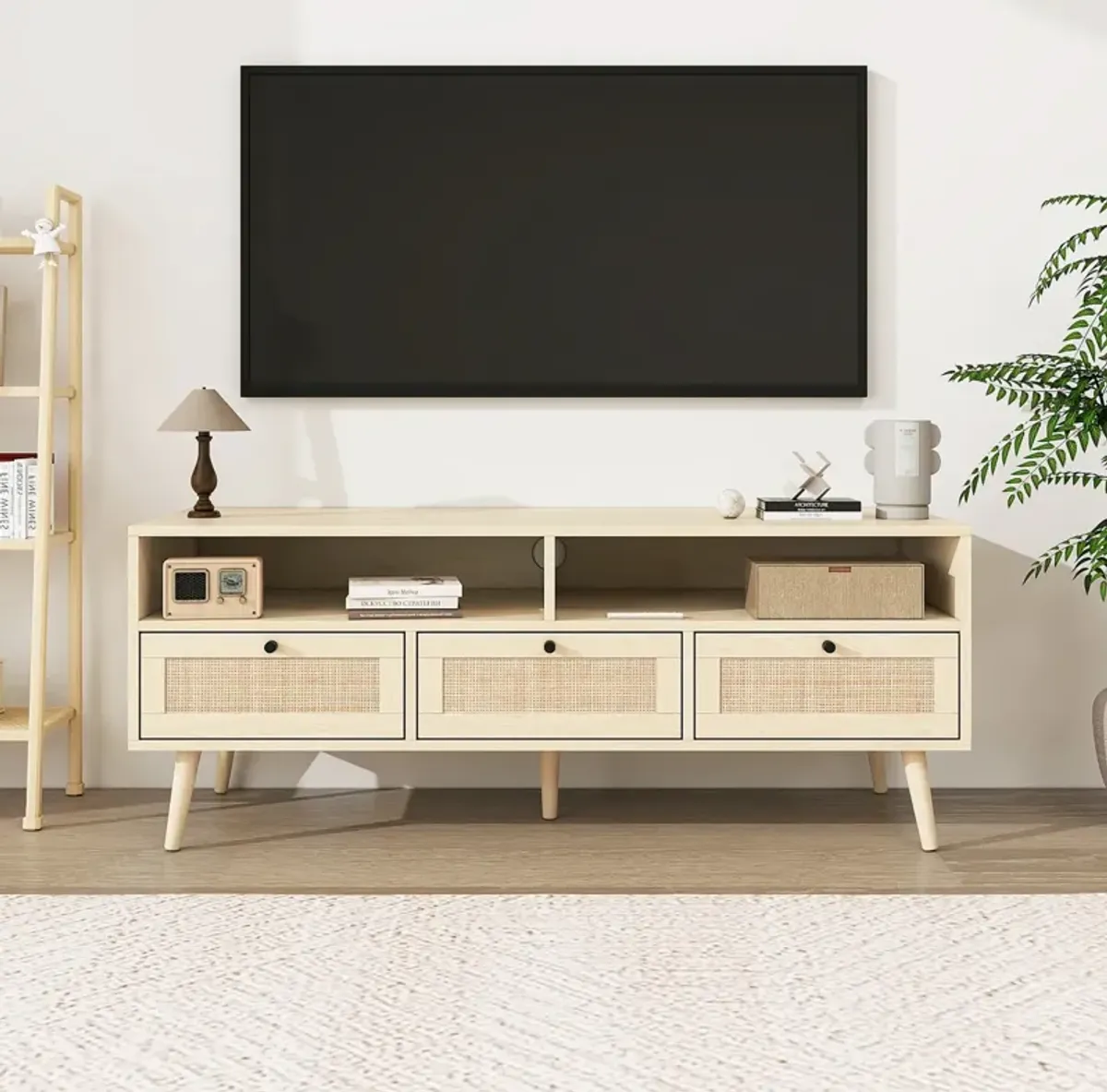 Rattan TV Stand With Solid Wood Feet, TV Console Table For Living Room, Natural