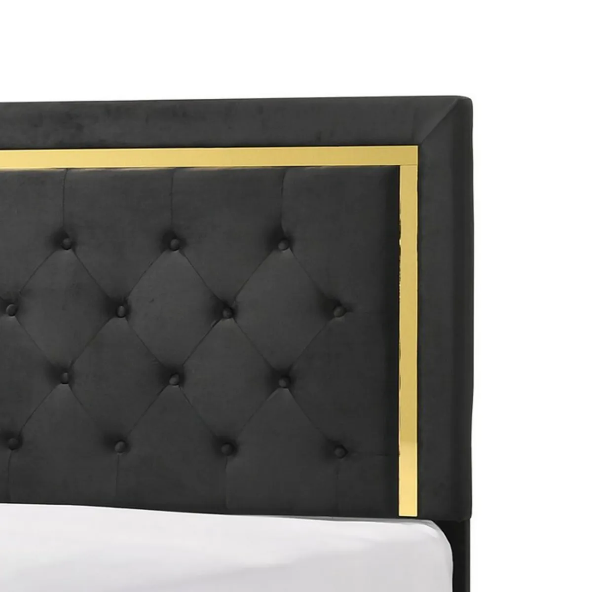 Robin Queen Size Bed, Platform Base, Gold, Button Tufted Black Upholstery - Benzara