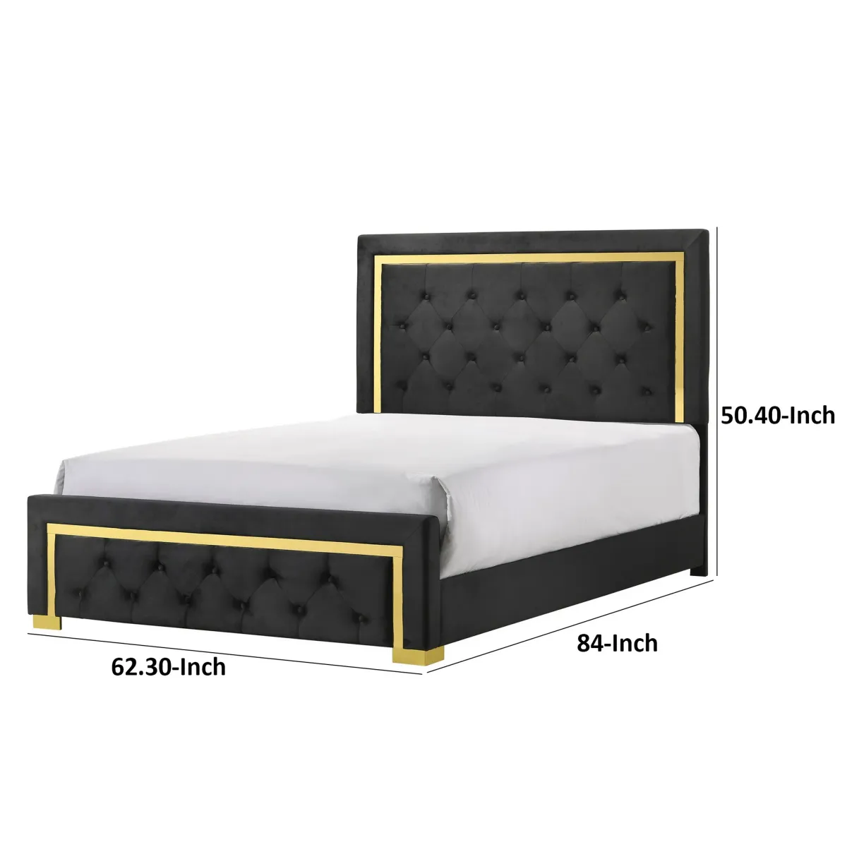 Robin Queen Size Bed, Platform Base, Gold, Button Tufted Black Upholstery - Benzara