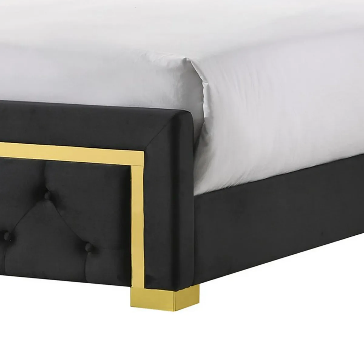 Robin Queen Size Bed, Platform Base, Gold, Button Tufted Black Upholstery - Benzara