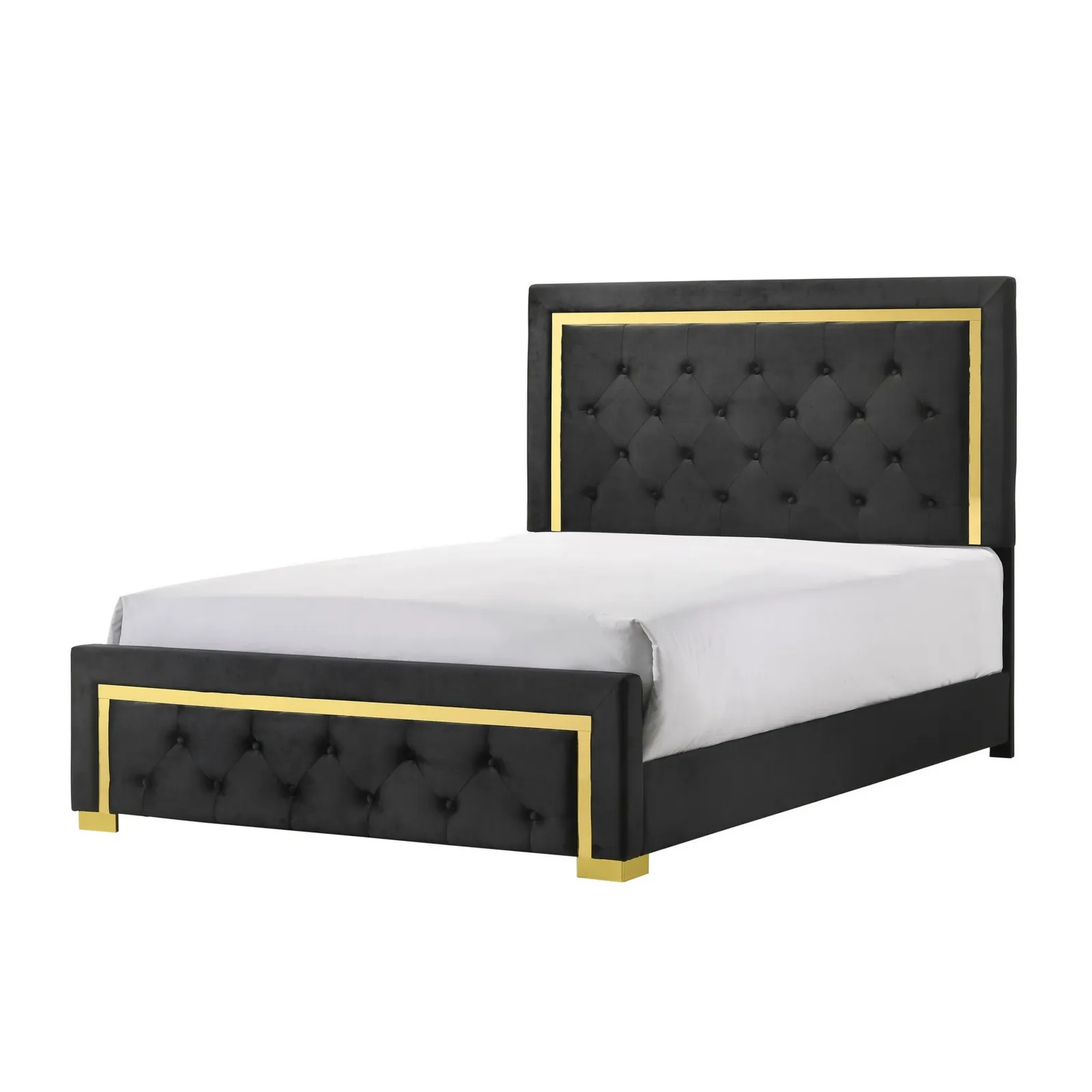 Robin Queen Size Bed, Platform Base, Gold, Button Tufted Black Upholstery - Benzara