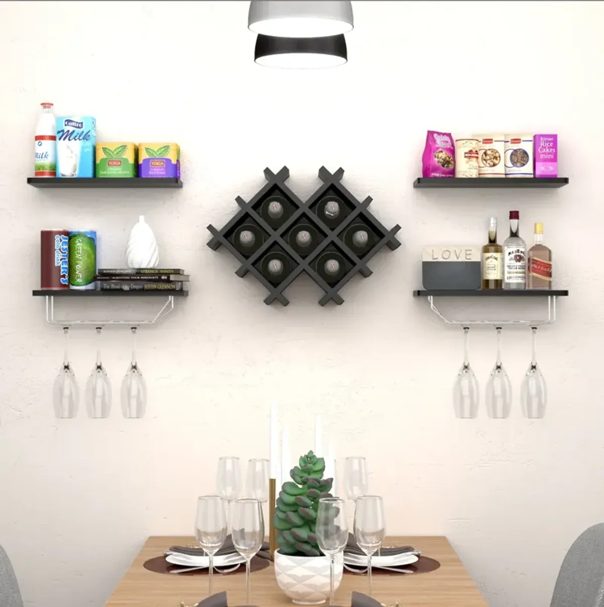 Set of 5 Wall Mount Wine Rack Set with Storage Shelves