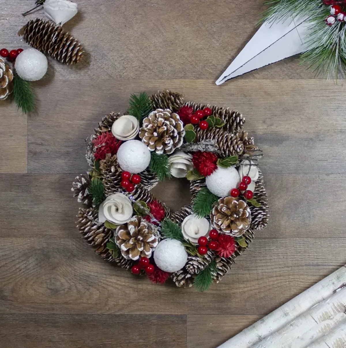 White Wooden Rose  Pine Cone and Berry Artificial Christmas Wreath  10-Inch  Unlit