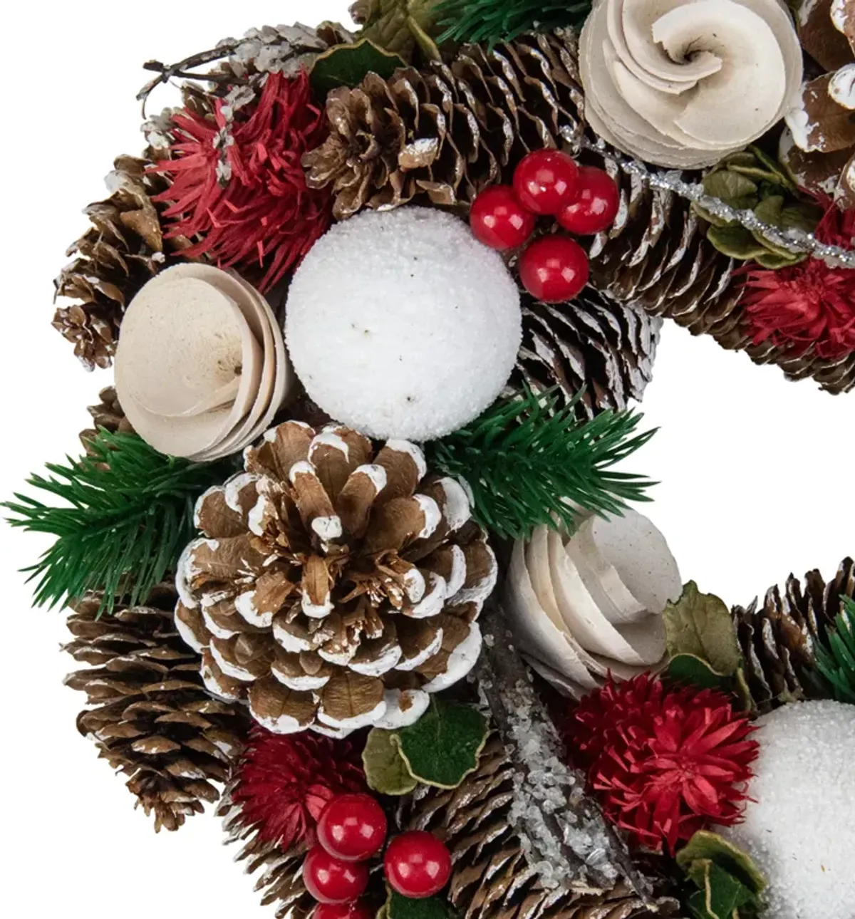 White Wooden Rose  Pine Cone and Berry Artificial Christmas Wreath  10-Inch  Unlit