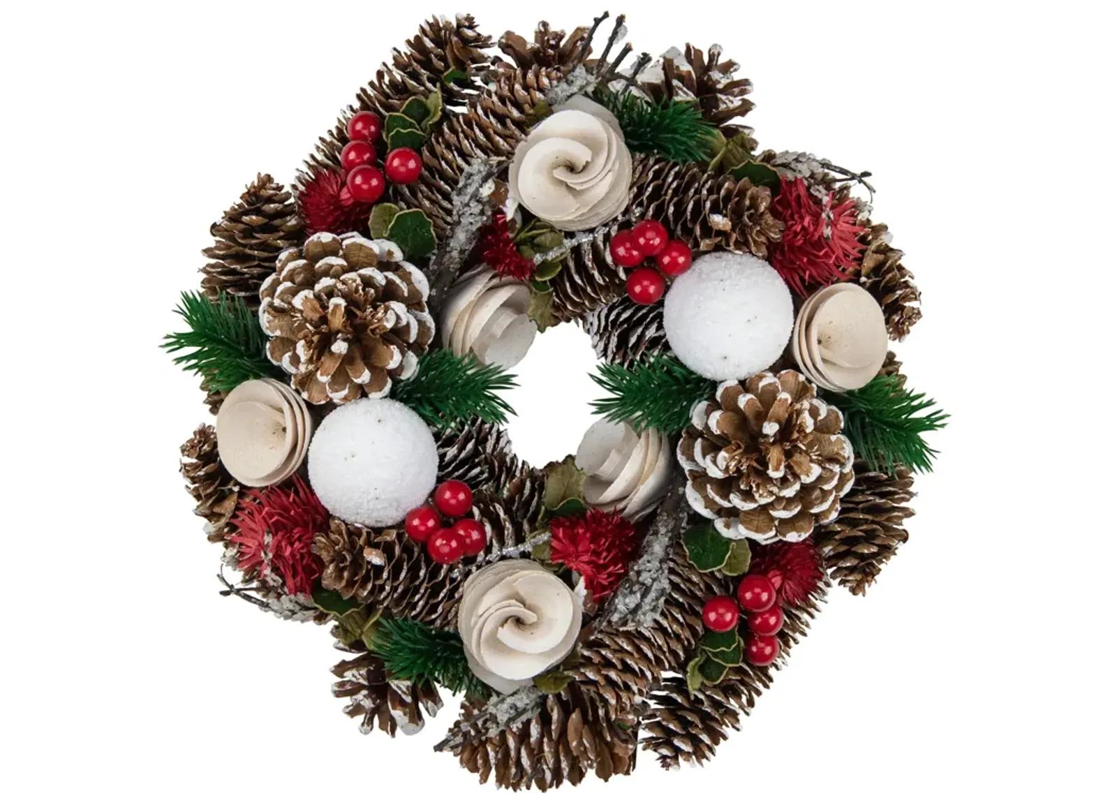 White Wooden Rose  Pine Cone and Berry Artificial Christmas Wreath  10-Inch  Unlit