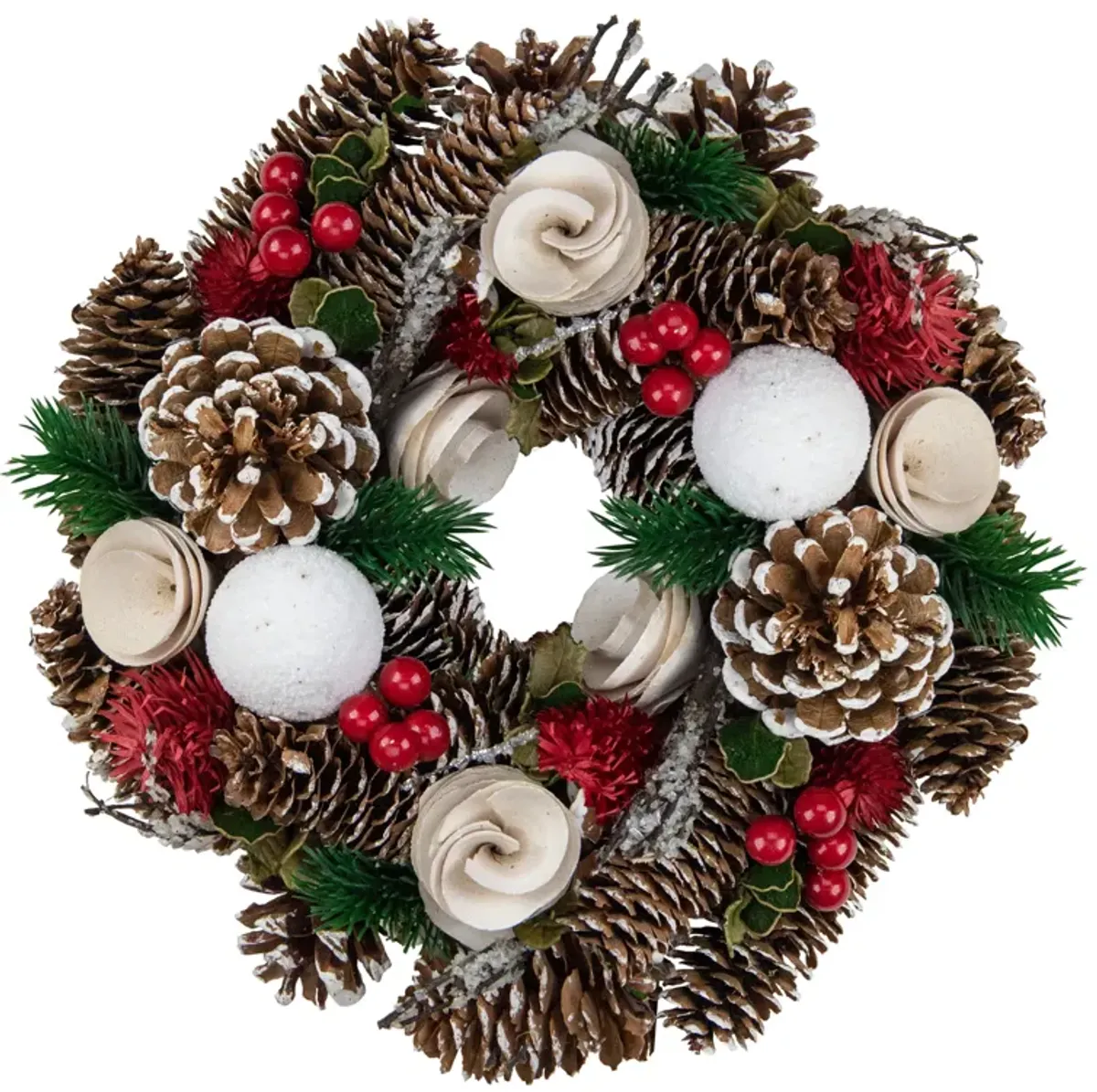 White Wooden Rose  Pine Cone and Berry Artificial Christmas Wreath  10-Inch  Unlit