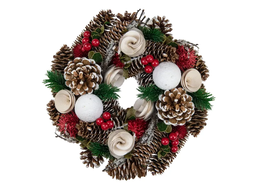 White Wooden Rose  Pine Cone and Berry Artificial Christmas Wreath  10-Inch  Unlit