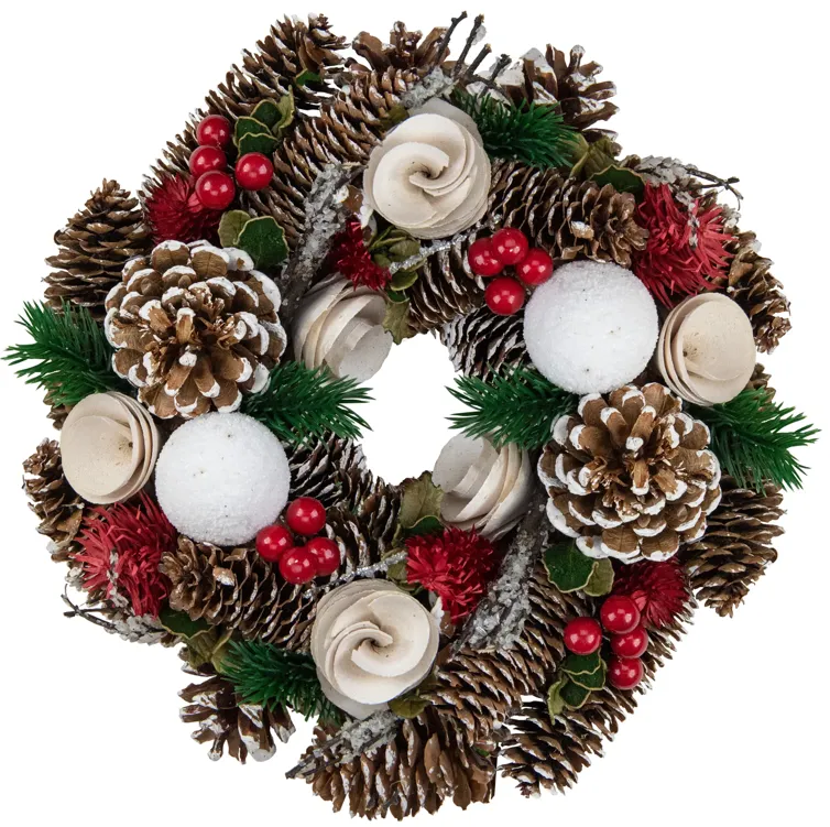 White Wooden Rose  Pine Cone and Berry Artificial Christmas Wreath  10-Inch  Unlit