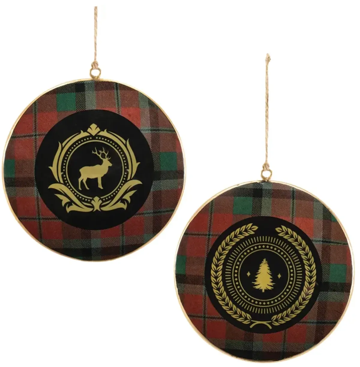 Set of 6 Round Metal Ornaments Featuring Deer and Pine Tree Motifs