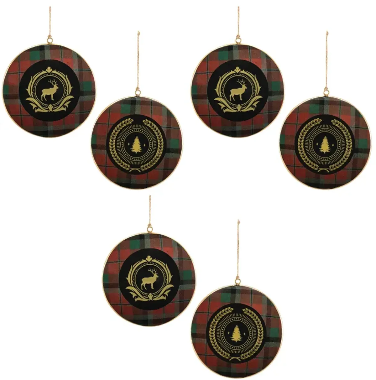 Set of 6 Round Metal Ornaments Featuring Deer and Pine Tree Motifs