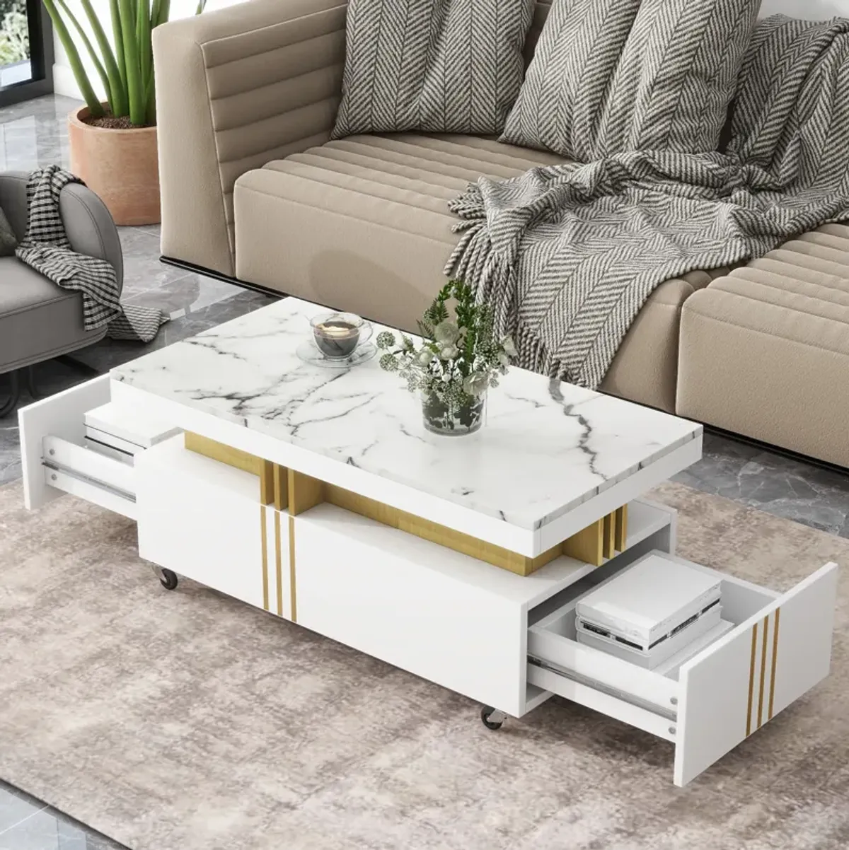 Merax Contemporary Coffee Table with Faux Marble Top