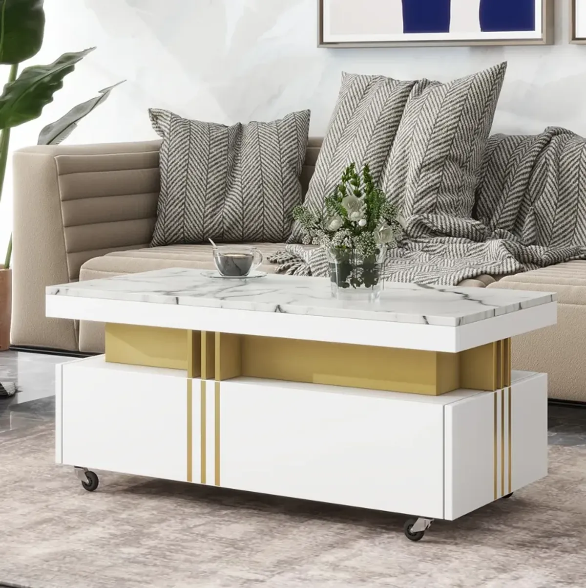 Merax Contemporary Coffee Table with Faux Marble Top