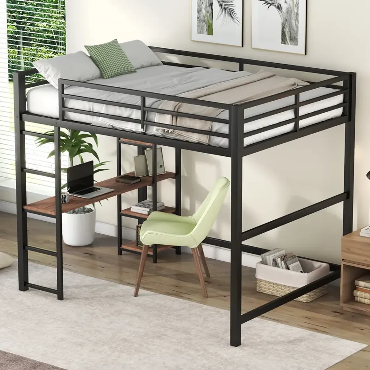 Merax Metal Loft Bed with Built-in Desk and Storage Shelves