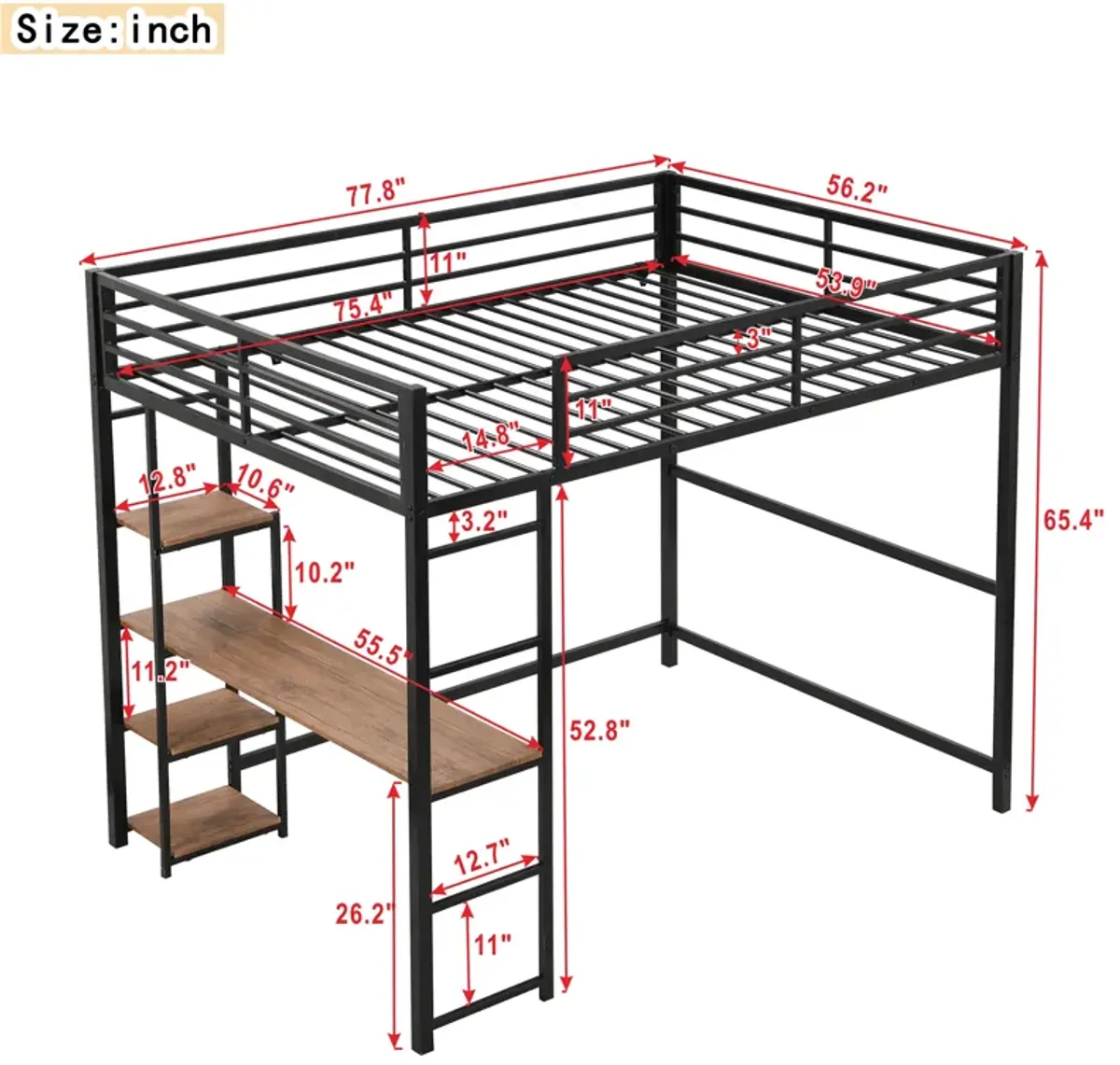 Merax Metal Loft Bed with Built-in Desk and Storage Shelves