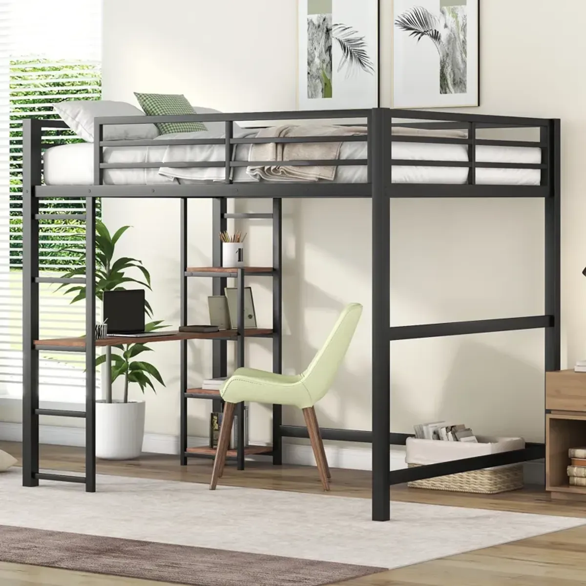 Merax Metal Loft Bed with Built-in Desk and Storage Shelves