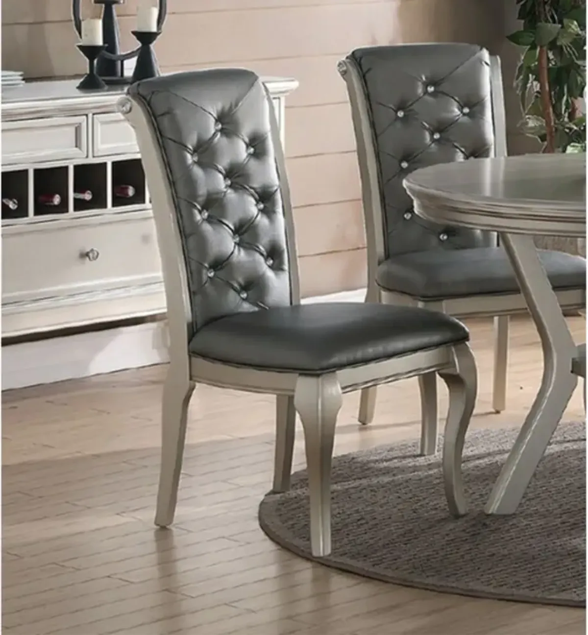 Set Of 2 Rubber Wood Dining Chair With Tufted Back, Gray And Silver