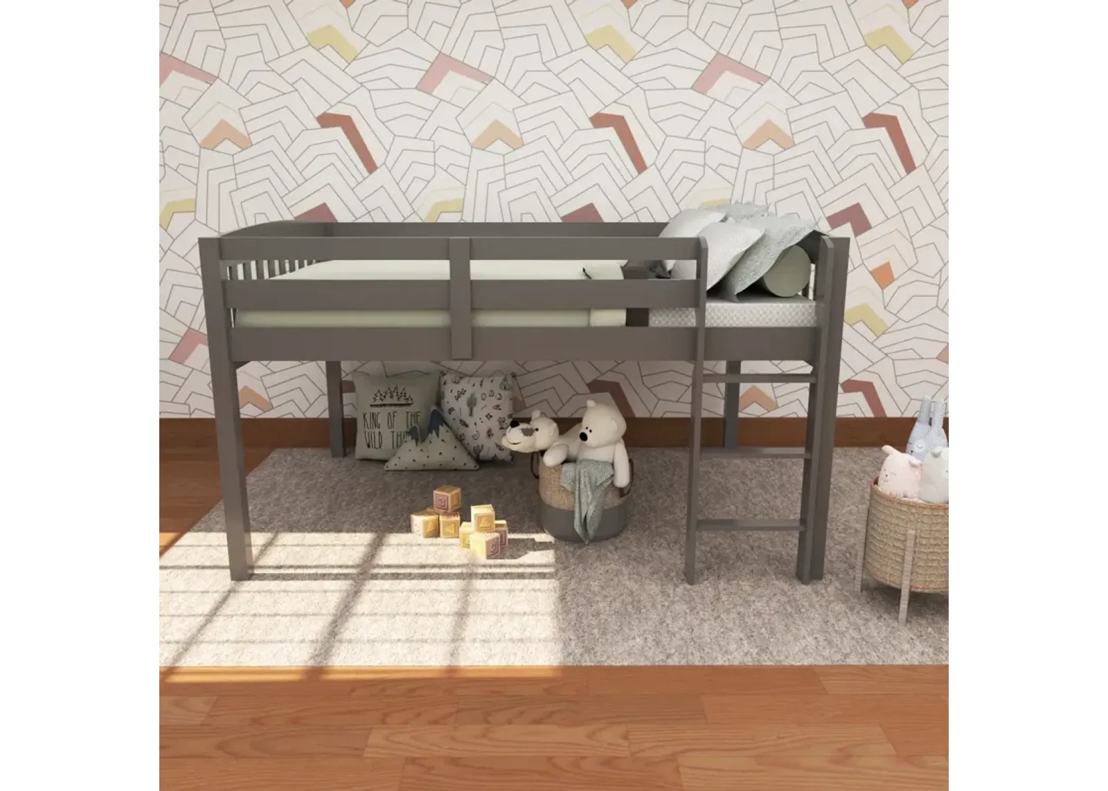 Elbrus Low Loft Bed With Storage, Space Saver Full Size Kids Loft Bed With Stairs