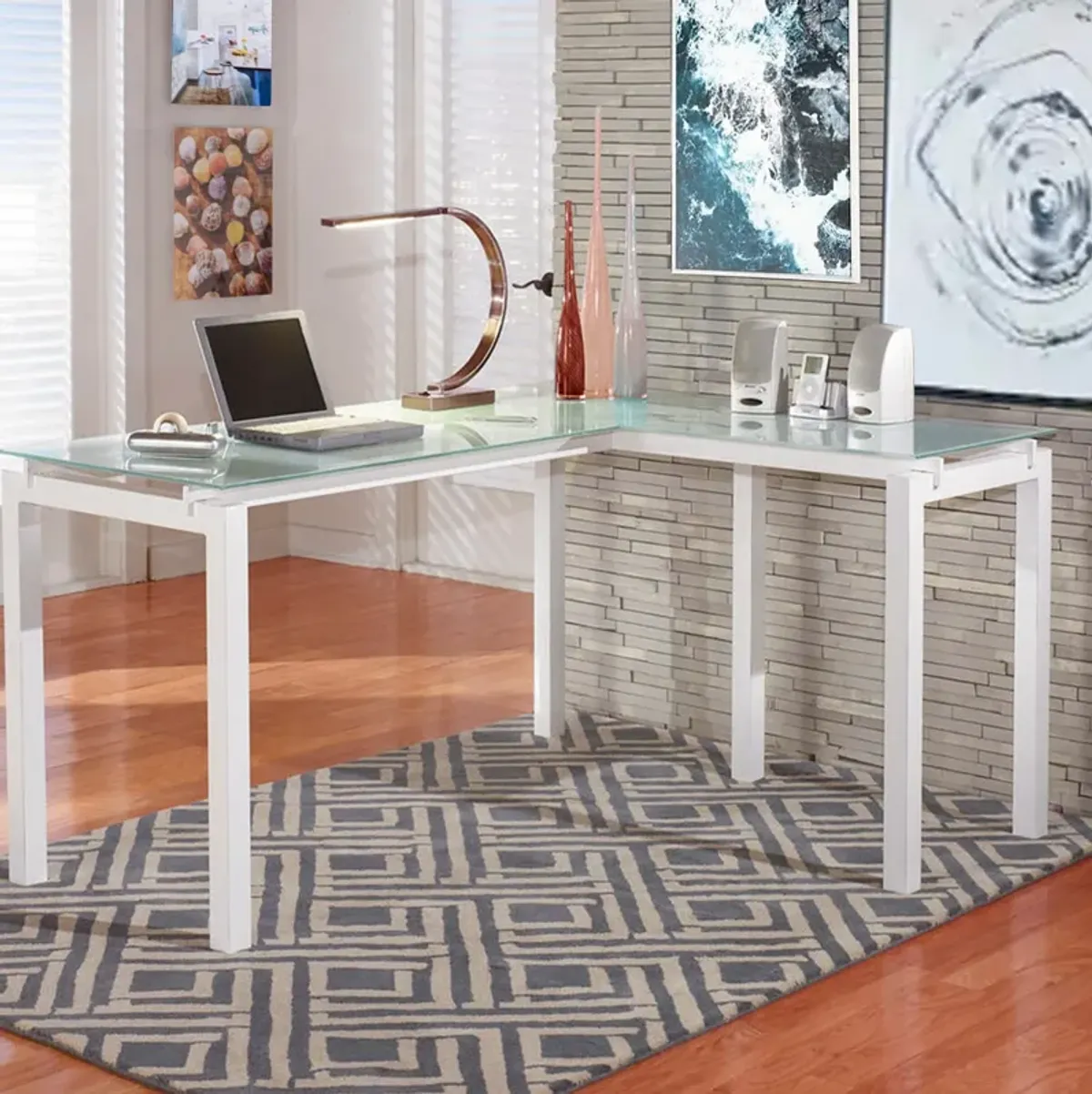 Metal L Shape Desk with Frosted Glass Top and Block Legs, White-Benzara