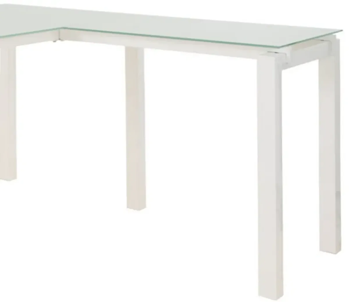 Metal L Shape Desk with Frosted Glass Top and Block Legs, White-Benzara