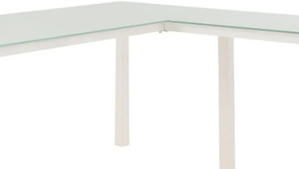 Metal L Shape Desk with Frosted Glass Top and Block Legs, White-Benzara