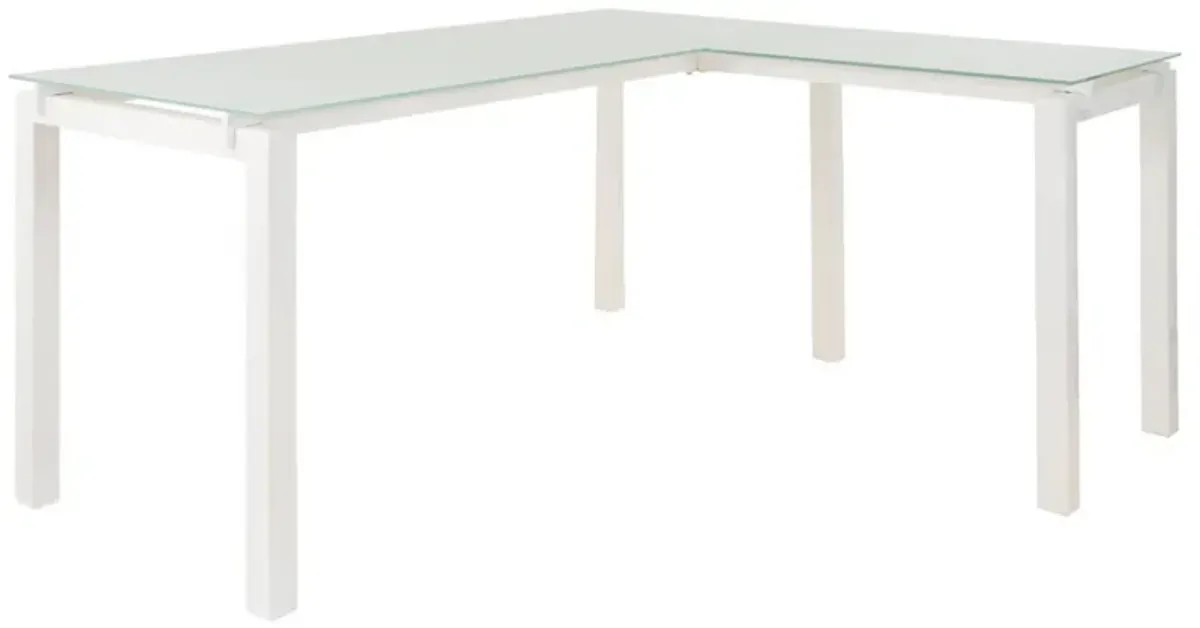 Metal L Shape Desk with Frosted Glass Top and Block Legs, White-Benzara