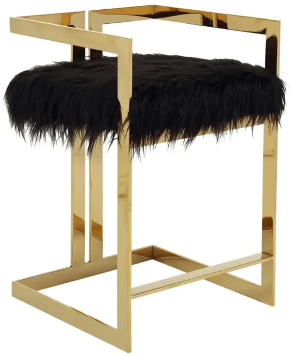 Suki 26 Inch Barstool Chair, Black Faux Fur Seat, Stainless Steel, Gold - Benzara