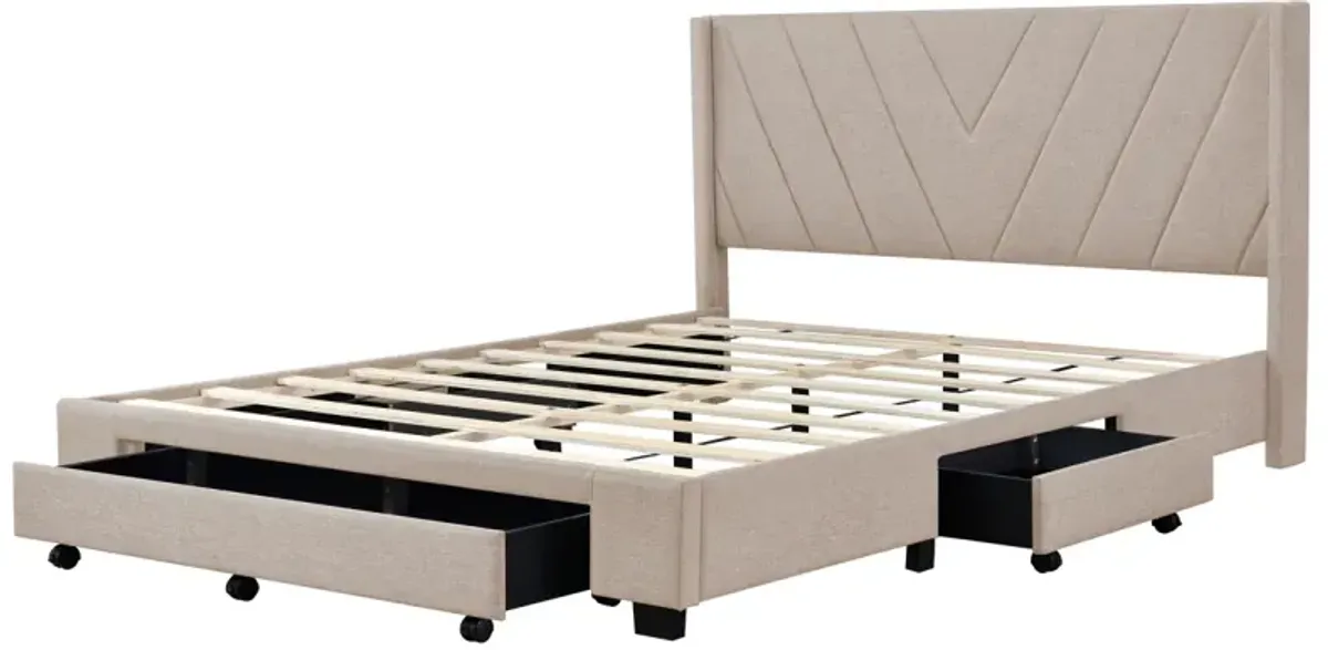 Queen Size Storage Bed Linen Upholstered Platform Bed With 3 Drawers