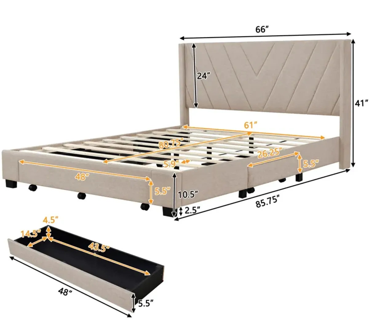 Queen Size Storage Bed Linen Upholstered Platform Bed With 3 Drawers