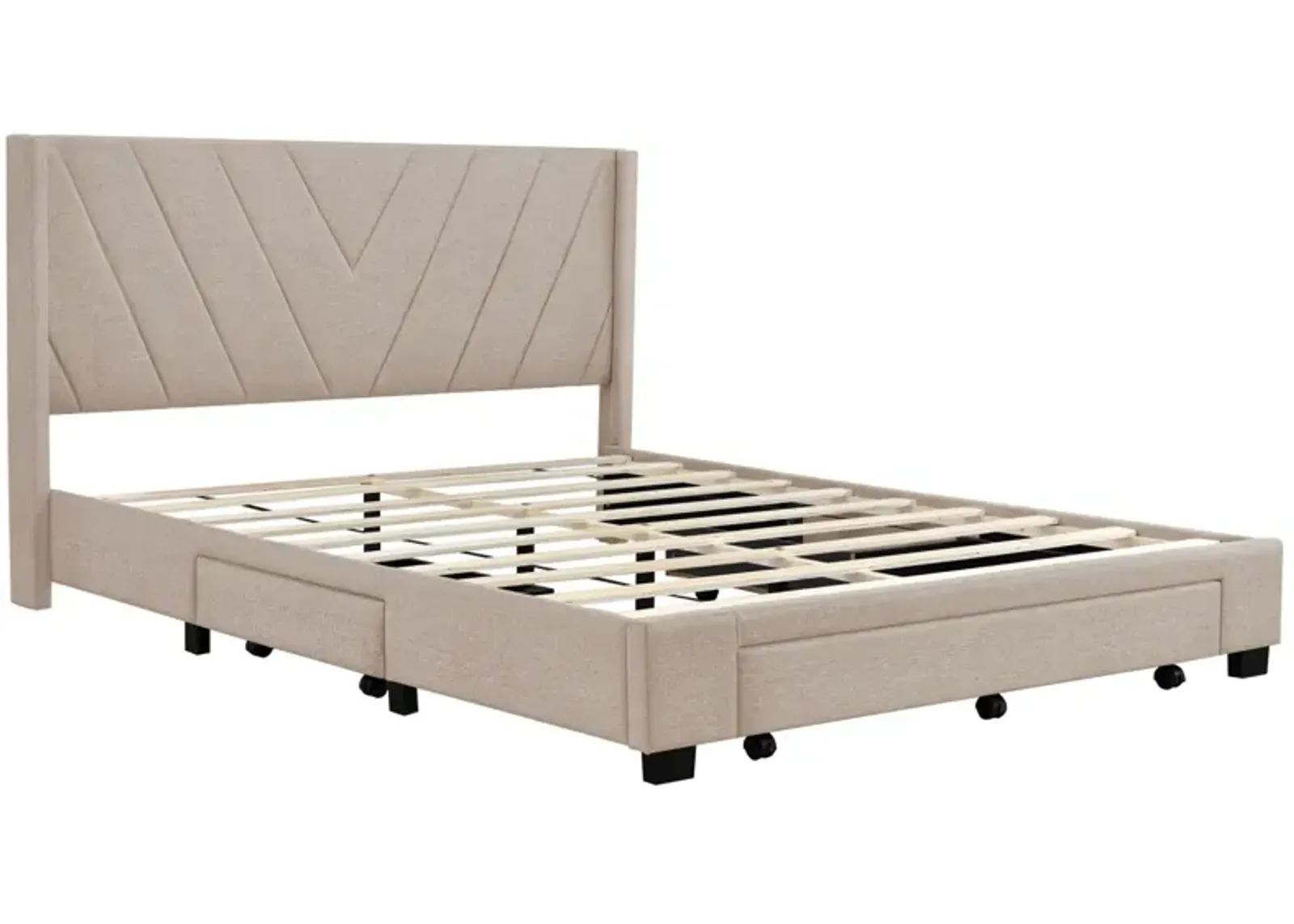 Queen Size Storage Bed Linen Upholstered Platform Bed With 3 Drawers