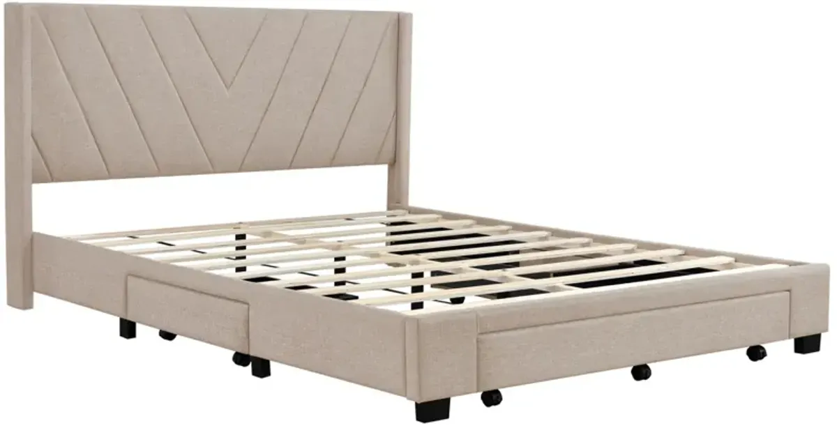 Queen Size Storage Bed Linen Upholstered Platform Bed With 3 Drawers