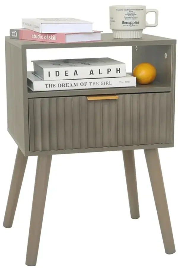 Fultyle Grey Nightstand, Modern Night Stand Wood, Fluted Bedside Table with Solid Wood Legs for Bedroom, Living Room and Small S