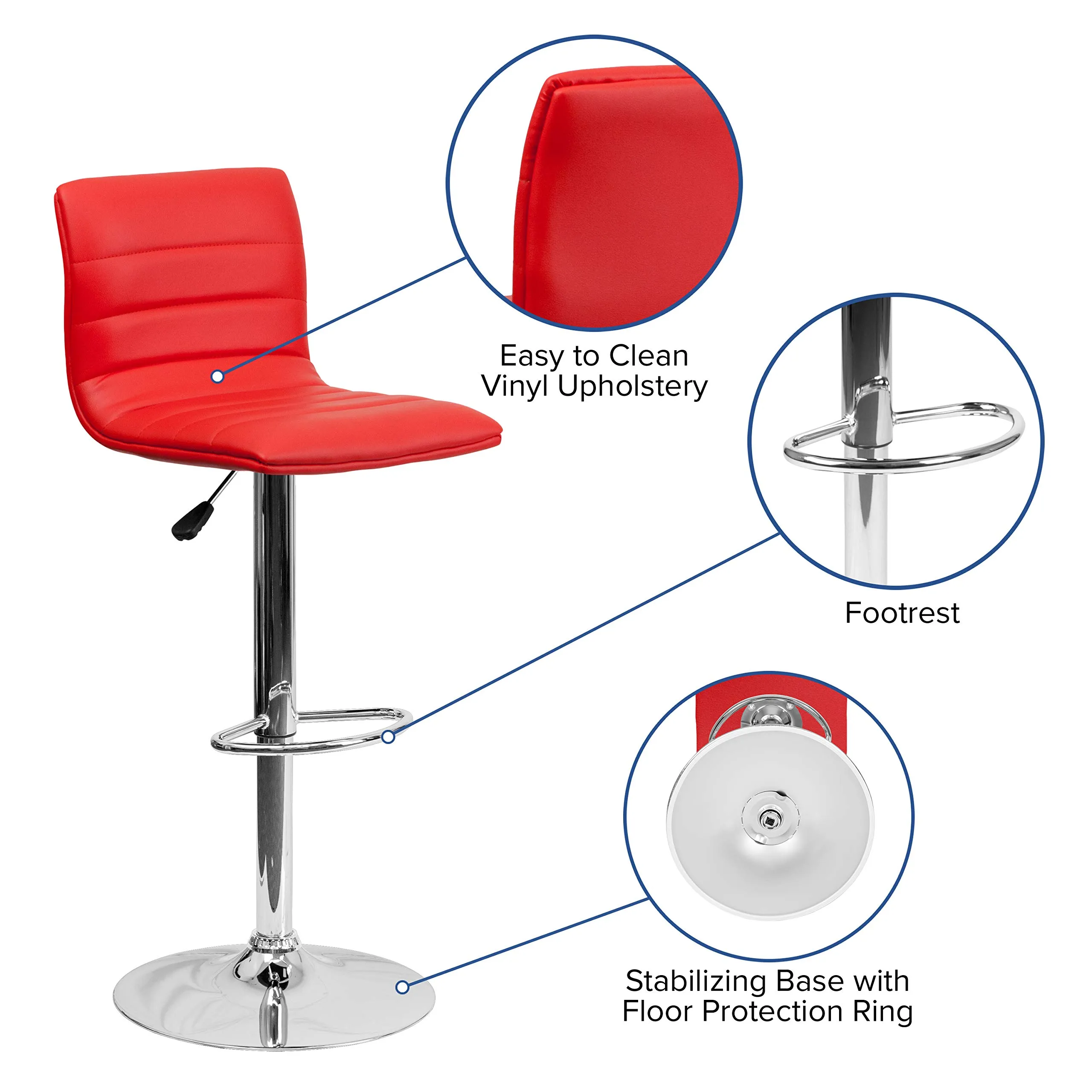 Flash Furniture Vincent Modern Red Vinyl Adjustable Bar Stool with Back, Swivel Stool with Chrome Pedestal Base and Footrest