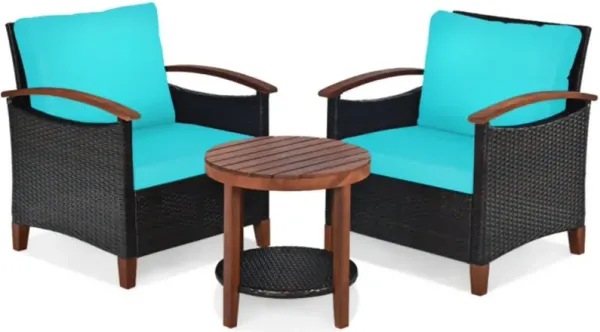 3 Pieces Patio Rattan Furniture Set with Washable Cushion and Acacia Wood Tabletop