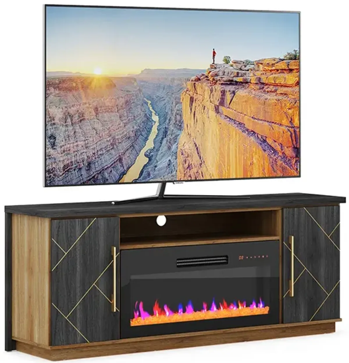 BELLEZE 68 Inch Electric Fireplace TV Stand With Gold Grim, Elegant Entertainment Center With Storage, Media Console With Drawers & Open Shelves for Living Room, Bedroom Home Theater (Espresso Black)