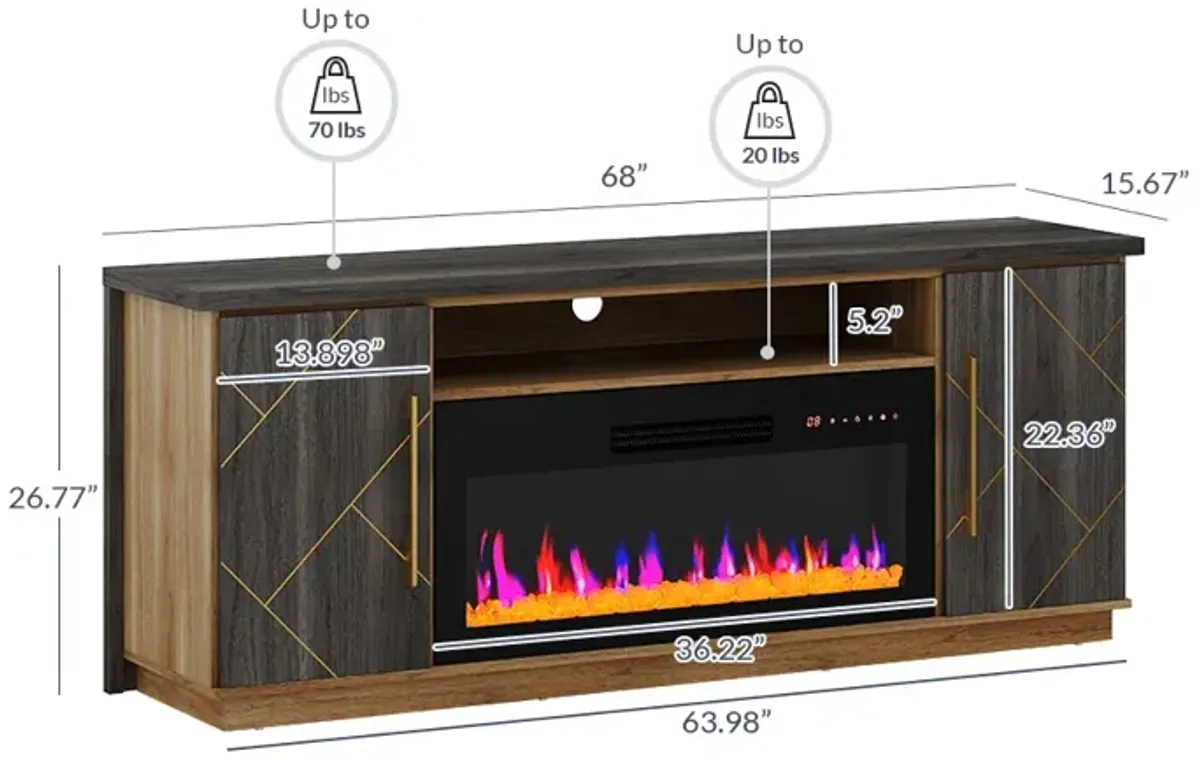 BELLEZE 68 Inch Electric Fireplace TV Stand With Gold Grim, Elegant Entertainment Center With Storage, Media Console With Drawers & Open Shelves for Living Room, Bedroom Home Theater (Espresso Black)