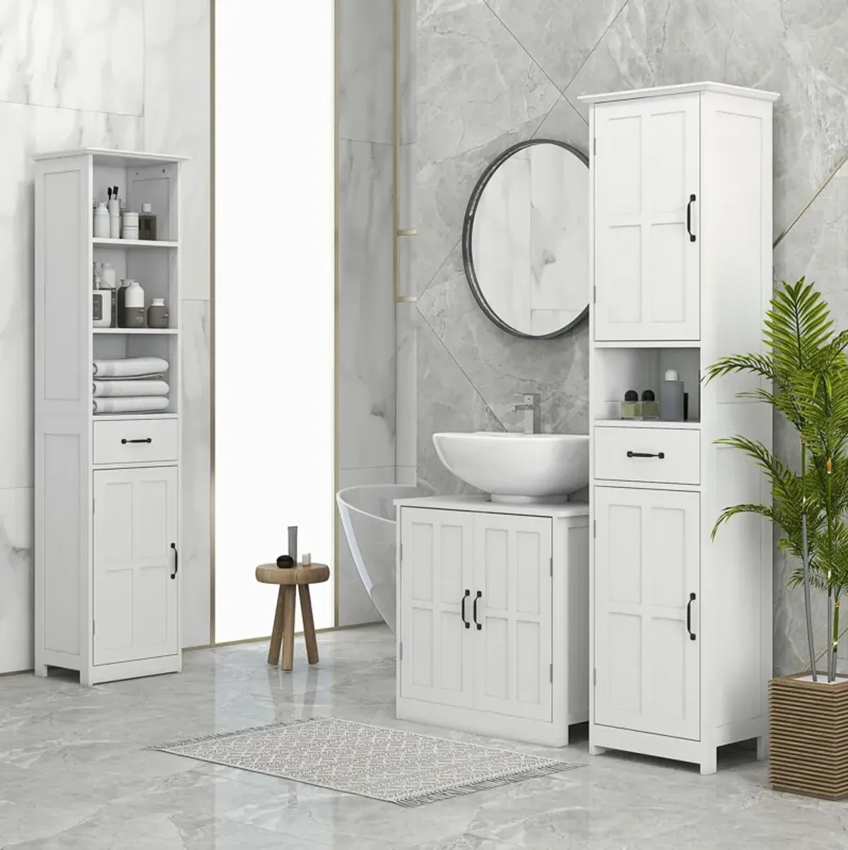 White Bathroom Storage: Narrow Cabinet with Open Shelves & Drawer