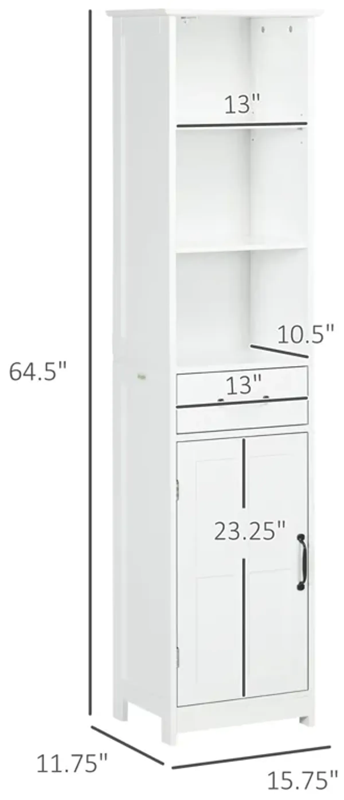 White Bathroom Storage: Narrow Cabinet with Open Shelves & Drawer