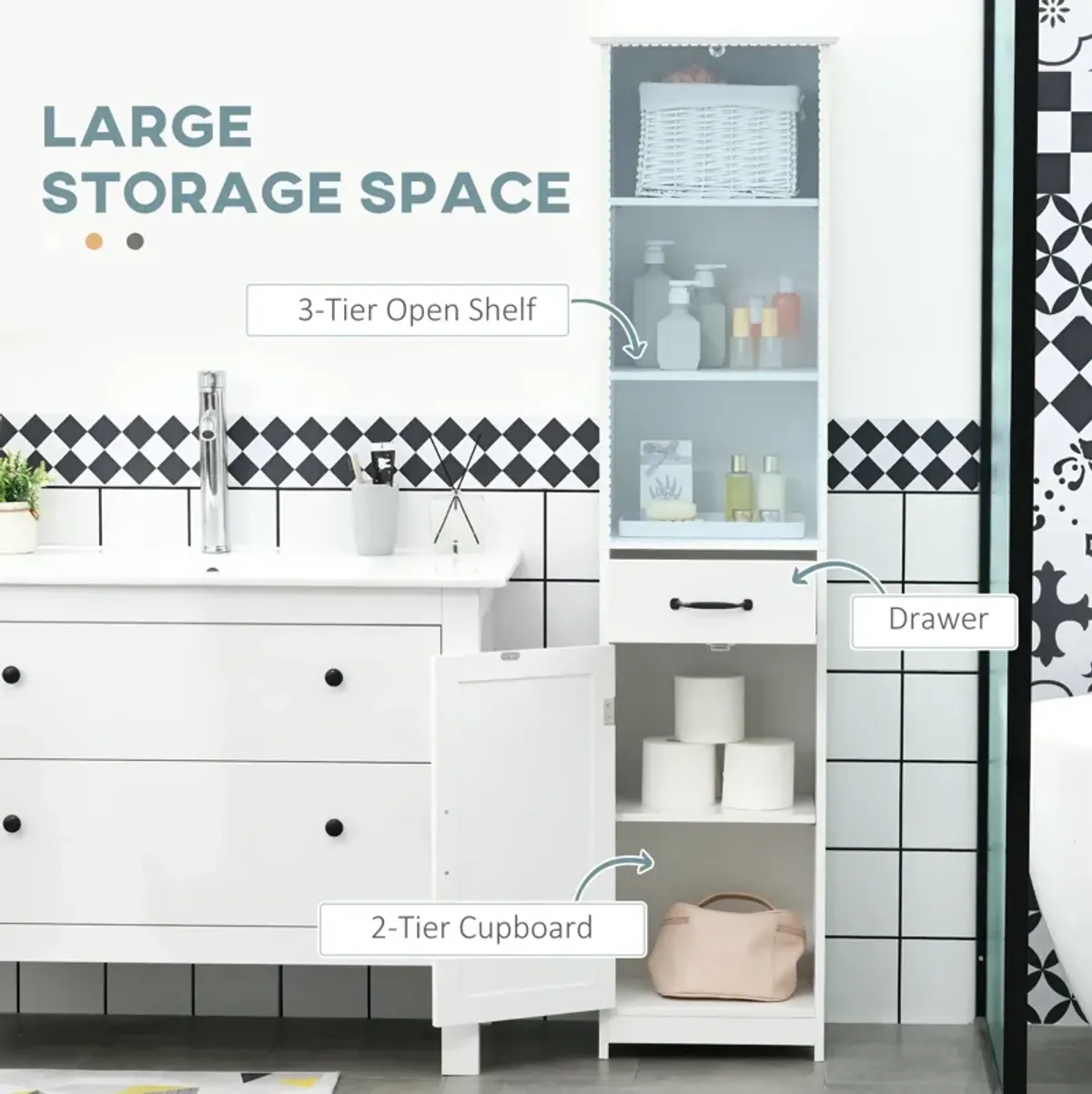 White Bathroom Storage: Narrow Cabinet with Open Shelves & Drawer