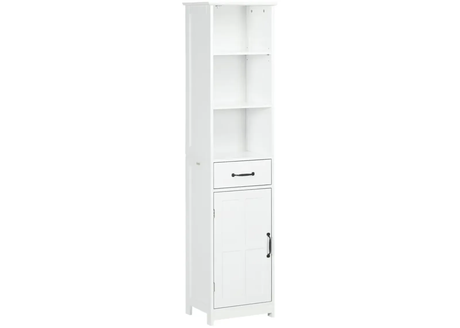 White Bathroom Storage: Narrow Cabinet with Open Shelves & Drawer