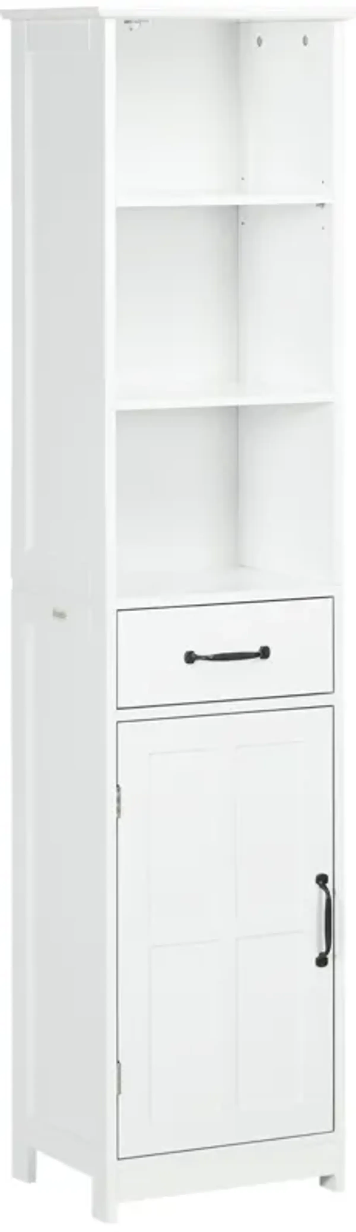 White Bathroom Storage: Narrow Cabinet with Open Shelves & Drawer