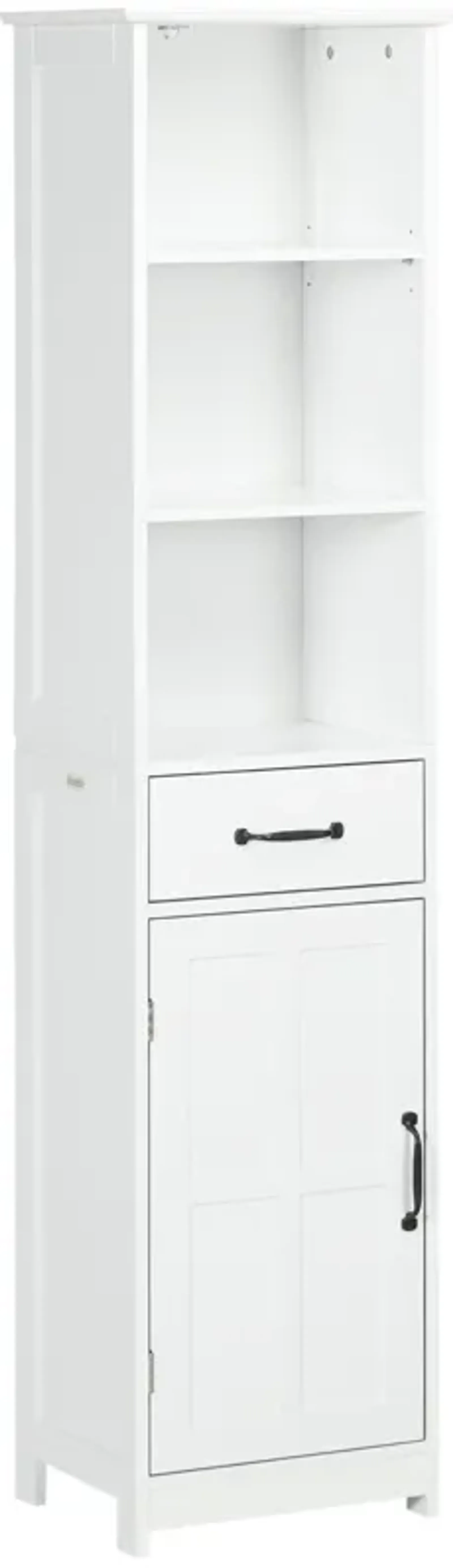 White Bathroom Storage: Narrow Cabinet with Open Shelves & Drawer