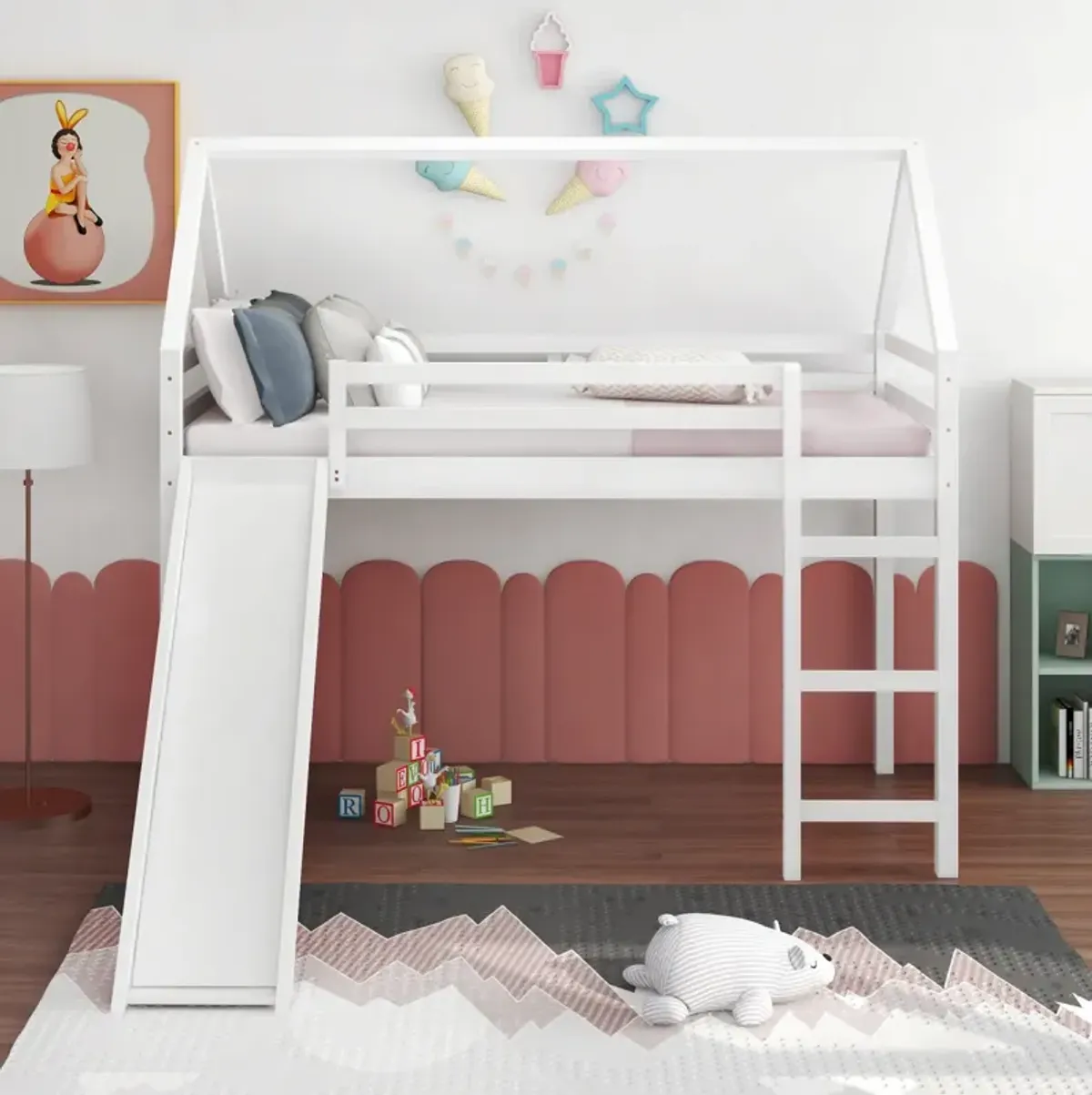 Twin Size Loft Bed with Slide, House Bed with Slide