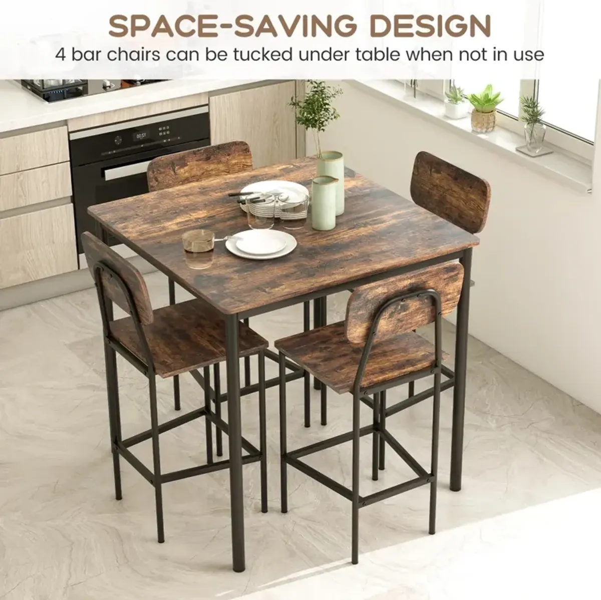 5 Pieces Industrial Dining Table Set with Counter Height Table and 4 Bar Stools-Coffee