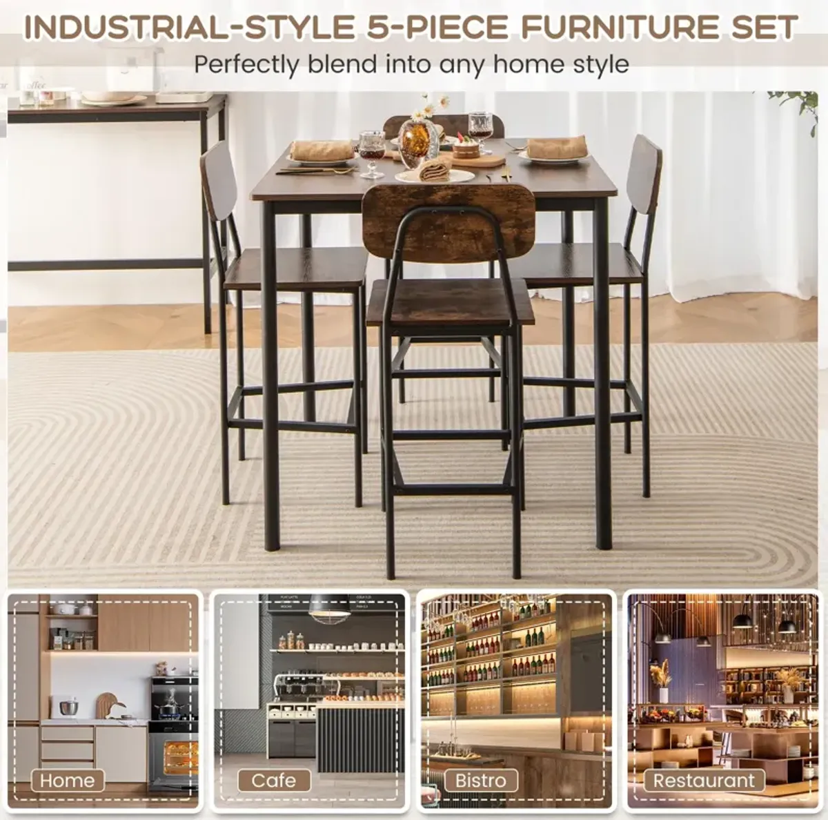 5 Pieces Industrial Dining Table Set with Counter Height Table and 4 Bar Stools-Coffee