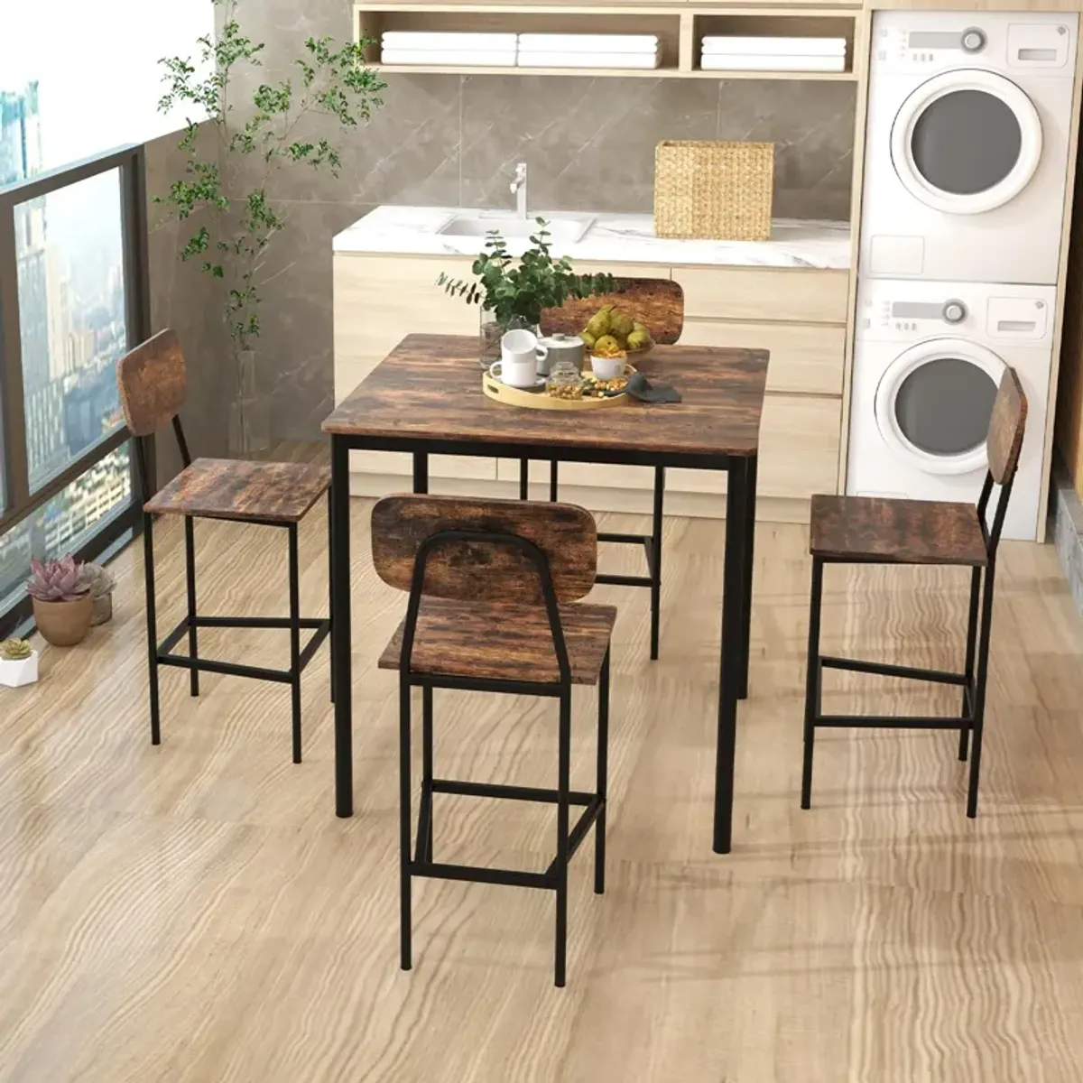 5 Pieces Industrial Dining Table Set with Counter Height Table and 4 Bar Stools-Coffee