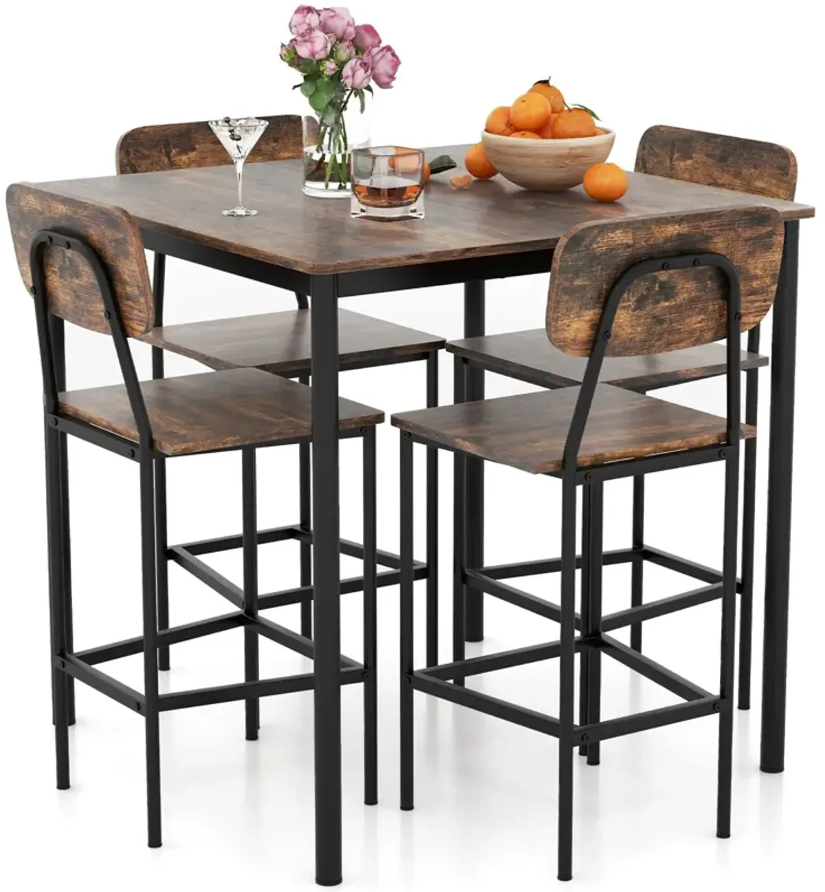 5 Pieces Industrial Dining Table Set with Counter Height Table and 4 Bar Stools-Coffee