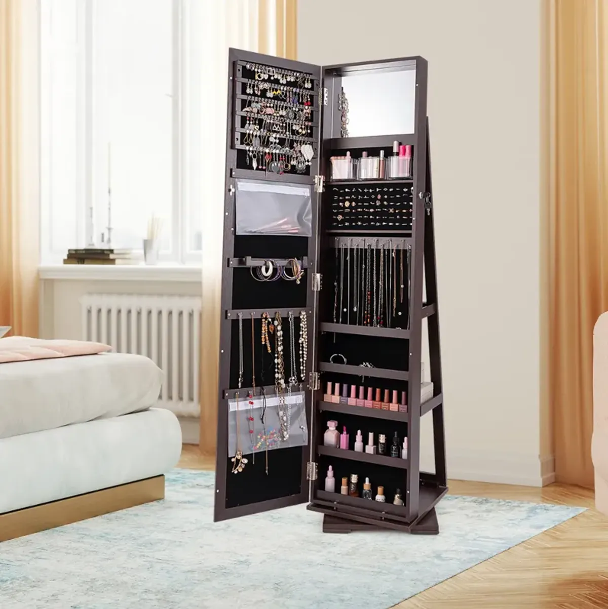 360° Rotatable 2-in-1 Lockable Jewelry Cabinet with Full-Length Mirror